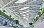 Bright atrium with green walls and architectural ceiling