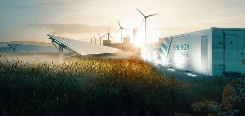 AI generated image of energy storage, and solar and wind farms